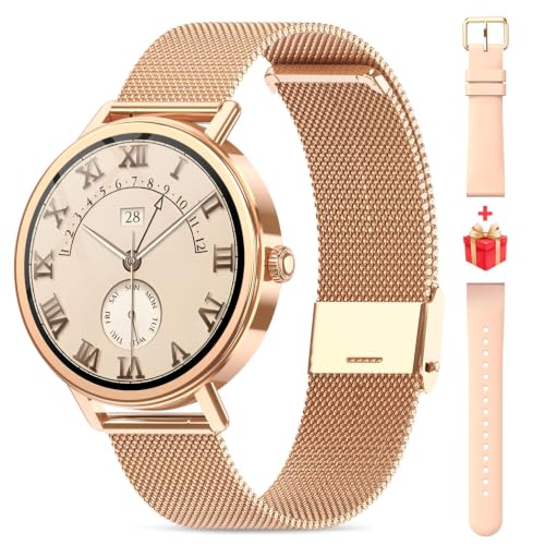 Smart Watches for Women Android iPhone(Answer/Make Calls), HD Screen Fitness Tracker with Heart Rate/Sleep Monitor/100+ Sport Modes, IP68 Waterproof, AI Voice Built-in, 2 Straps (Metal + Silicone) - color: Rose Gold