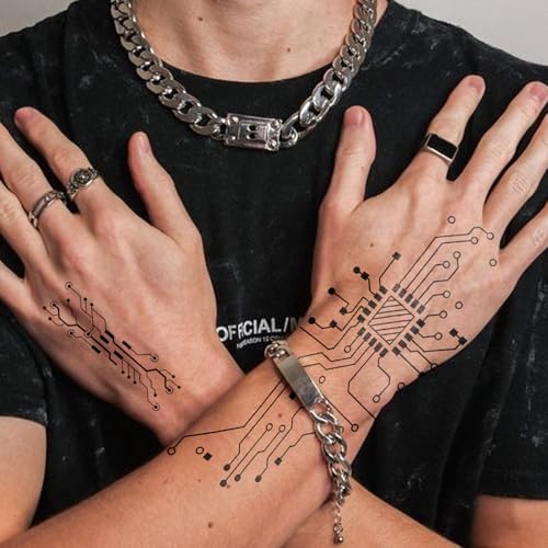 Semi Permanent Tattoo, Cyber Circuit Computer Microchip Design, Large - color: circuit