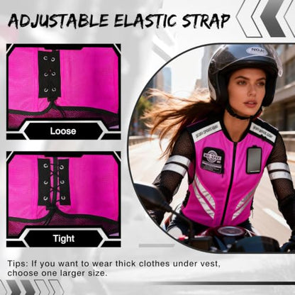 Pink Reflective Motorcycle Cycling Vest, Breathable Safety High Visibility Riding Vest For Women Adjustable Waist - size: X-Large