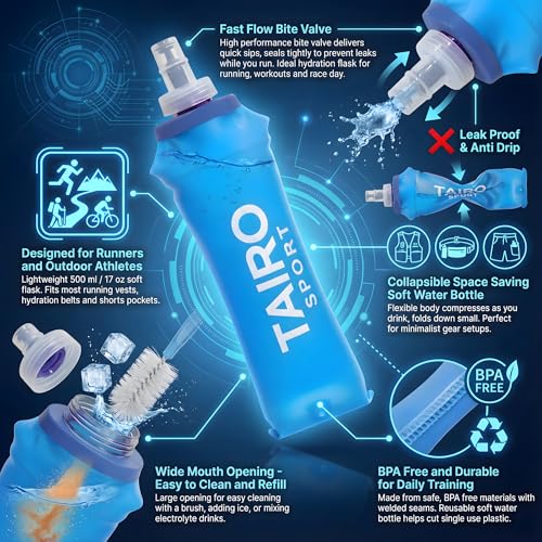 Soft Flask 500ml for Running - Collapsible BPA Free Hydration Flask with Fast Flow Bite Valve, Leak Proof Flexible Water Bottle for Trail Running, Hiking, Cycling, Travel