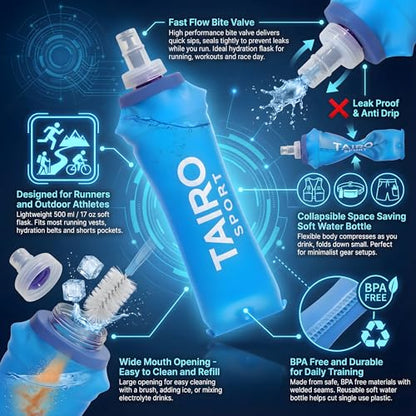 Soft Flask 500ml for Running - Collapsible BPA Free Hydration Flask with Fast Flow Bite Valve, Leak Proof Flexible Water Bottle for Trail Running, Hiking, Cycling, Travel