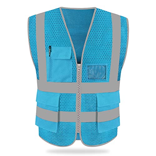 HYCOPROT High Visibility Mesh Safety Reflective Vest with Pockets and Zipper, Meets ANSI/ISEA Standards - color: Skyblue, size: Large