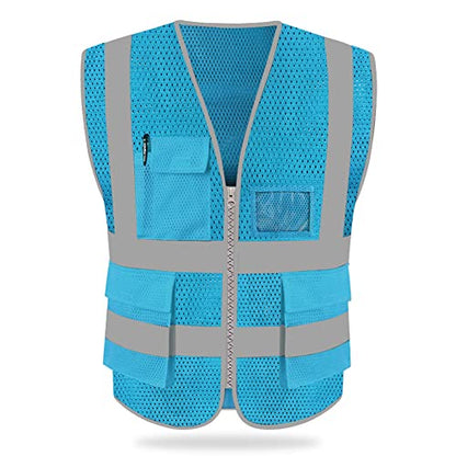 HYCOPROT High Visibility Mesh Safety Reflective Vest with Pockets and Zipper, Meets ANSI/ISEA Standards - color: Skyblue, size: Large