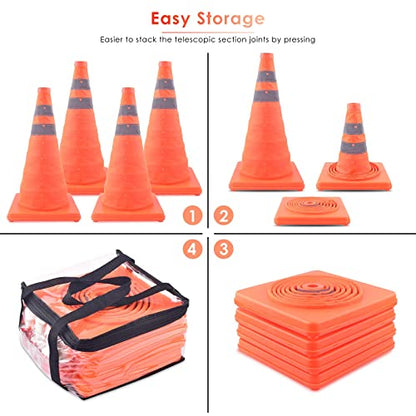 ERKOON 4 Pack 18 inch Collapsible Traffic Cones with Bag, Safety Cones with 4 LED Safety Road Parking Cones Driving Construction Cones Fluorescent Orange Pop Up Reflective Safety Traffic Cones - size: 18inch