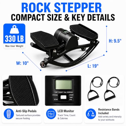 Rock Stepper - Steppers for Exercise at Home, Portable Stepper Side to Side with Digital Display & Resistance Bands, 330 LBS Capacity Full Body Workout Low-Impact Knee-Friendly 3D Stair Stepper - color: Black- B