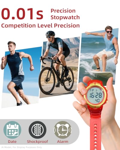 CakCity Digital Watch Mens, Waterproof Sport Wristwatch, Referee Stopwatch - color: Red