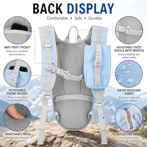 Lightweight Hydration Backpack 2L Water Bladder Pack for Running, Cycling, Hiking – Anti-Theft Water Backpack with Phone Holder, Trekking Pole Holder & Reflective Strips for Men & Women - color: Blue