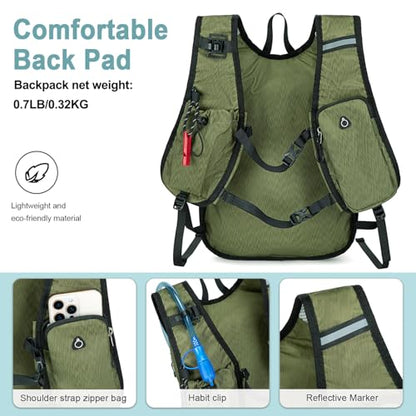 BOVIP Lightweight Hydration Back,15L Multipurpose Hiking Backpack with 1.5L Water Bladder ,Hydro Water Daypack for Cycling Hiking Rave for Men Women - size: Green