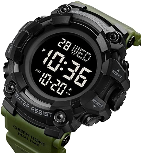XCZAP Men's Black Digital Sports Watch, Large Face Military Tactical Watch, 5ATM Water Resistant, LED Backlight, Alarm, Stopwatch,Dual Time - color: Army Green