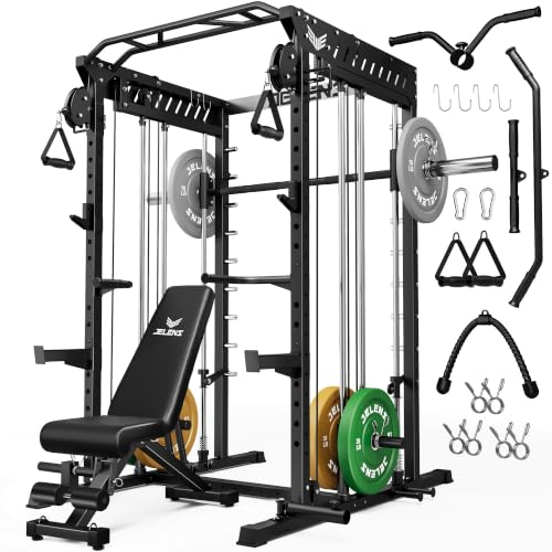 JELENS M21 Smith Machine, Multi-Function Power Cage with Dual Pulley Cable Crossover System, 2000LBS All-in-One Squat Rack with Smith Bar and Attachments - color: Black, size: 140LB Colored Weights Package