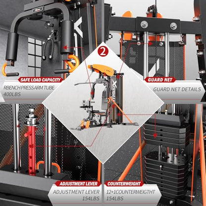 XGSW Multi-Function Home Gym Workout Station, Featuring a Pulley System, arm Trainer, and Leg Trainer for Full-Body Workouts. - size: L03-1 【154LBS】Fitness Station+Bench