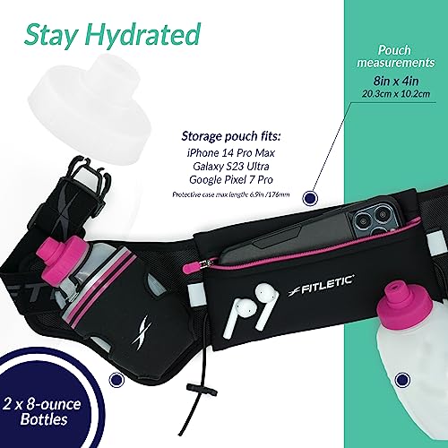 Fitletic Hydration Running Belt with Water Bottles for Men & Women – 2 Quick Flow 8oz Running Water Bottles, Patented Bounce Free Design, Water Resistant Pouch Fits All Phones – Hydra 16 - size: L/XL (35"-42"), style: Black & Pink