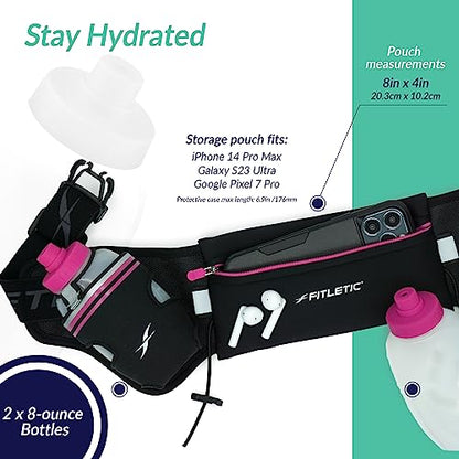 Fitletic Hydration Running Belt with Water Bottles for Men & Women – 2 Quick Flow 8oz Running Water Bottles, Patented Bounce Free Design, Water Resistant Pouch Fits All Phones – Hydra 16 - size: L/XL (35"-42"), style: Black & Pink