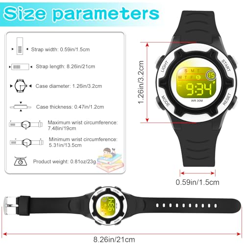 DTKID Digital Kids Watch 30 M Waterproof for Girls Boys 5-16 - color: Black-White