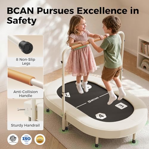 BCAN BT6 56" Double Mini Trampoline for Kids, Foldable Indoor, Handlebar - color: Beige