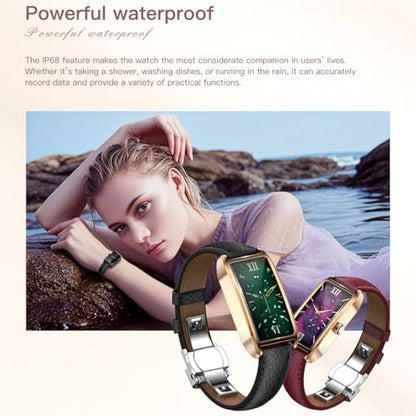 Elegant Smart Watch for Women AMOLED Fitness Tracker with Leather Band - color: Champagne Gold Mint