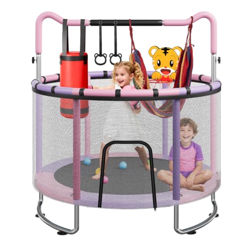 55/60" Trampoline for Kids, 4.5/5 FT Toddler Trampoline with Enclosur Net, Basketball Hoop & Sandbag, 440 LBS Capacity, Adjustable Height，Gifts for Ages 3-12 Boys & Girls - color: Pink-Purple, size: 55x55x63 IN