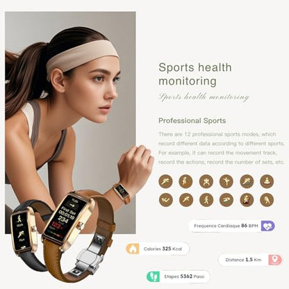 Elegant Smart Watch for Women AMOLED Fitness Tracker with Leather Band - color: Midnight Black Steel