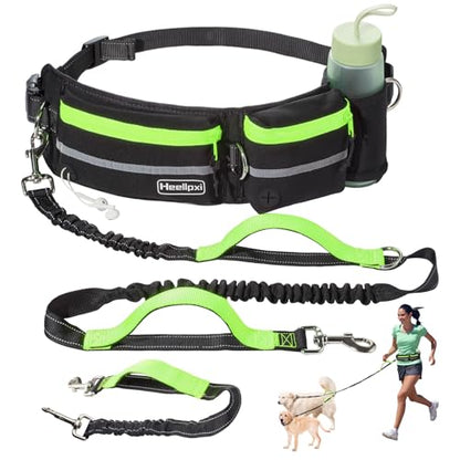 Hands-Free Waist Leash with Pouch for Two Dogs: Reflective Stitching, Dual Handle & Bungee Retractable Design – Ideal for Medium to Large Dogs (Green) – Dog Walking Accessories - color: Green