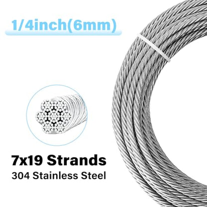 1/4 Stainless Steel 200ft 304 Aircraft Cable with 6400lbs Tensile Strength, 7x19 Strands Wire Rope with Stainless Cable Clamps & Thimble, Perfect for Yard Zipline, Boat Lifts - size: 200FT