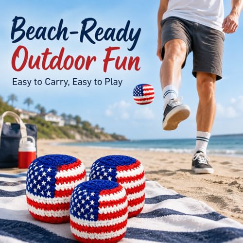 USA Flag Handmade Footbag 3 Pack, Crochet Kick Balls for Outdoor Games