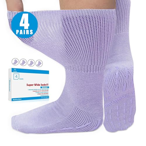 Bulinlulu Extra Width Diabetic Socks Men Women-4 Pairs Wide Edema Sock for Swollen Feet,Non Slip Cast Bariatric Socks 13-15 - color: Purple