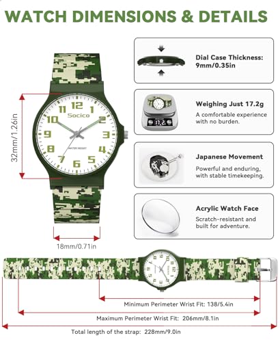 SOCICO Kids Analog Watch 30M Waterproof & Learning Time for Girls Boys - color: Camo-Mosaic