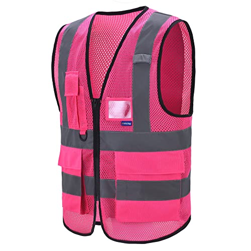 A-SAFETY Hi-Vis Reflective Mesh Vest with 7 Pockets, Zipper, Pink, 6XL-8XL - color: Pink Mesh, size: 6X-Large