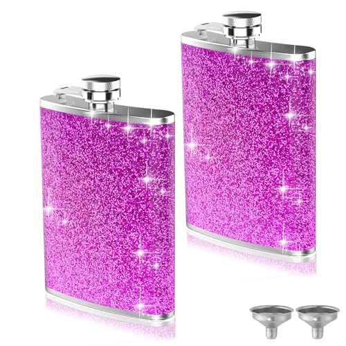 2-Pack 8 Oz Bling Hip Flasks for Liquor, Hianjoo Leakproof Stainless Steel Flasks with Funnel Pocket Flask for Women, Portable Metal Flask for Camping Outdoor Activity Wedding Party Gift, Purple - color: Purple