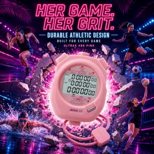 ULTRAK 495 Stopwatch – Pink Professional 100-Lap Digital Timer, Countdown Interval Tracker, Water-Resistant Sports Watch, Chronograph for Coaching & Training - color: Pink