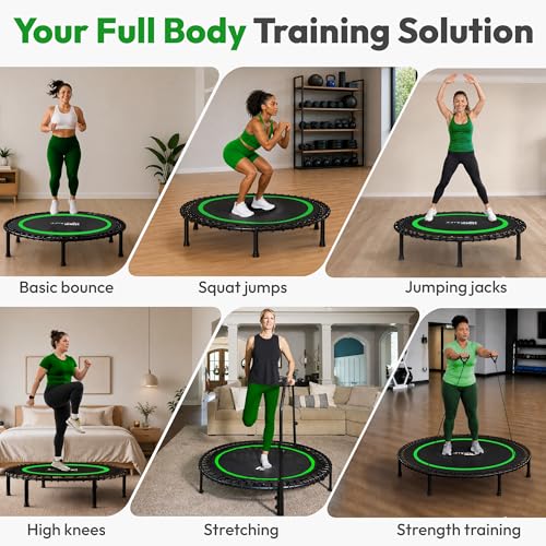 JUMPZYLLA Mini Rebounder Trampoline for Adults, Fitness Trampoline with Bar - color: Green, size: 48"