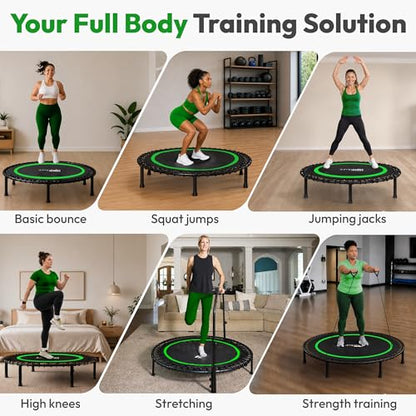 JUMPZYLLA Mini Rebounder Trampoline for Adults, Fitness Trampoline with Bar - color: Green, size: 48"