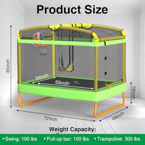 LANGXUN 6FT Rectangle Trampoline for Kids, 5-in-1 Toddler Trampoline, ASTM Approved Indoor Outdoor Mini Trampoline with Safety Enclosure Net Age 1-10 - color: Green&Yellow