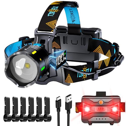TIROFLX 12 Modes 210000 Lux Headlamp Motion Sensor Red Warning Adjustable Focus Energy Saving, More Than 30Dys Standby Head Lamp, IP65 Waterproof and 125° Angle for Camping Outdoor Hardhat