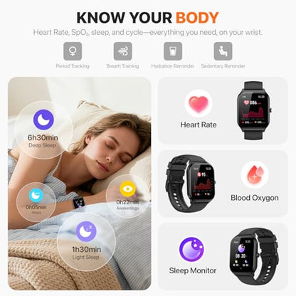 Smart Watch for Women Men,(Answer/Make Call) 1.83'' Fitness Activity Tracker Smartwatch for Android iPhone iOS Compatible,IP68 Waterproof Step Counter Watch with Sleep Monitor, 2 Traps - color: Jet Black