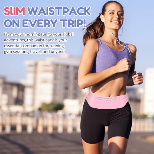 3 Separate pouch Slim Running Belt Fanny Packs for Women & Men，Reflective Running Fanny Pack，Runner Belt for Running Walking Cycling Camping Gym (Pink) - color: Pink