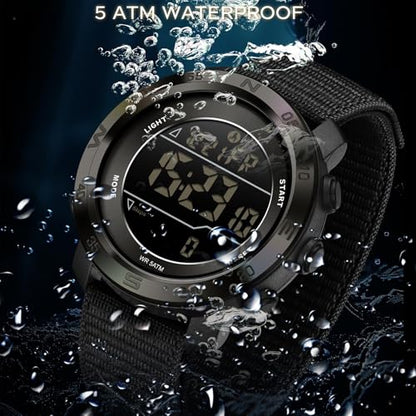 findtime Step Counter Watch No Phone Needed Pedometer for Walking Mens Women's Digital Watches with Calories Distance Alarm Countdown Timer Nylon Strap Black
