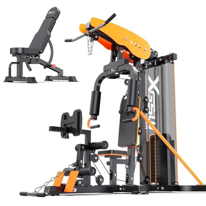 XGSW Multi-Function Home Gym Workout Station, Featuring a Pulley System, arm Trainer, and Leg Trainer for Full-Body Workouts. - size: L03-1 【154LBS】Fitness Station+Bench