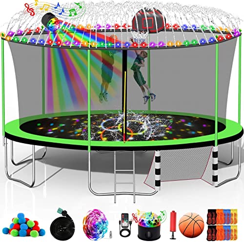 12FT 14FT 15FT 16FT Trampoline for Kids Adults, 1500 LBS Outdoor Trampolines with Basketball Hoop, Lights, Sprinkler, Enclosure, Ladder, Recreational Bounce Backyard Jumping for Kids Teens - color: Green with Lights/Speaker/Sprinkler, style: 16ft