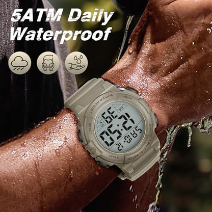 Mens Digital Watch, Sport Military Watch for Men, LED Large Face - color: 03-Khaki