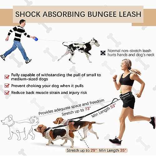 Hands-Free Waist Leash with Pouch for Two Dogs: Reflective Stitching, Dual Handle & Bungee Retractable Design – Ideal for Medium to Large Dogs (Grey) – Dog Walking Accessories - color: Grey