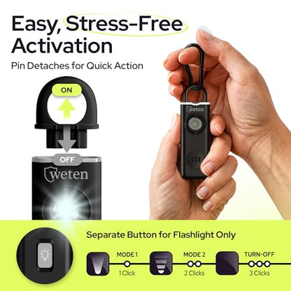 Rechargeable Personal Safety Alarm Keychain, 130dB, USB-C Charging, Black - color: Black