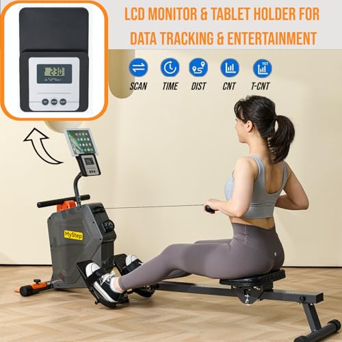 Magnetic Rowing Machine, Quiet Foldable Rower with 8-Level Resistance, LCD Monitor & Tablet Holder, Full-Body Low-Impact Cardio Equipment, Optional 2-in-1 Strength Training - color: Black/Gray/2-in-1 Strength Training