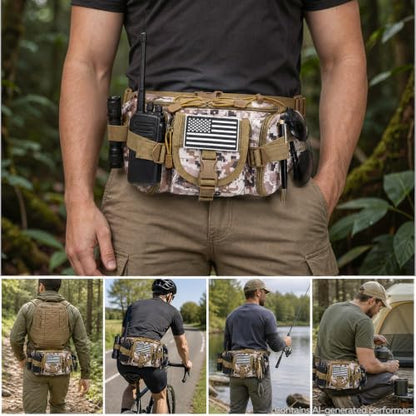 Hiking Waist Packs, Tactical Fanny Pack for Men Women, Waist Bag Hip Belt Bag Crossbody with 5 Zipper Pockets, Travel Outdoor Hiking Fishing Bumbag with Patch - Desert Digital Camo - color: Desert Digital Camo