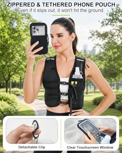 Running Vest with Touchscreen Phone Holder, 500ml/17oz Water Bottle Vest, Reflective Hydration Vest, 6 Pockets Zip Runners Vest – Lightweight, Adjustable, Breathable, Unisex - size: Large