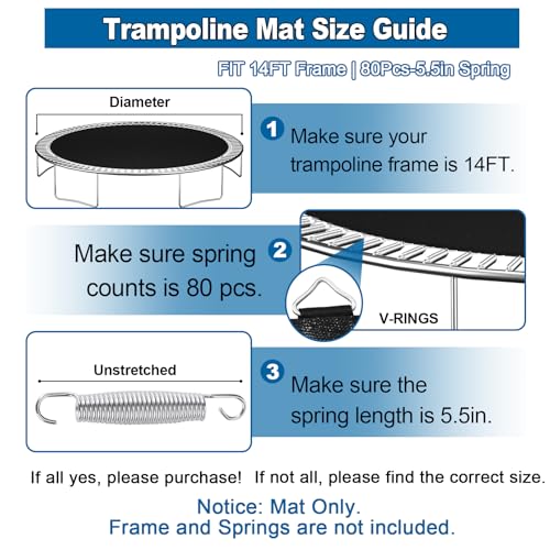 Ketofa 12FT 14FT 15FT Trampoline Mat Replacement, Fits 5.5" Springs 72 80 V-Hooks Round Trampoline Frame,Premium Trampoline Jumping Mat (Excluding Frame and Spring) - size: ‎14FT|152" Wide|80 V-Rings | Fits 5.5" Springs