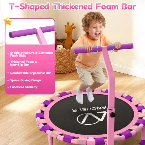 ANCHEER 38" Toddler Trampoline for Kids, ASTM Certified Foldable Mini Trampoline with Adjustable Foam Handle, Indoor & Outdoor Kids Trampoline, Quiet Design, 200 LBS Capacity, Easy Assembly - color: Pink Purple