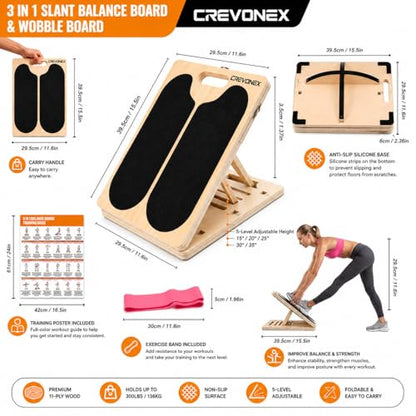 3-in-1 Adjustable Wooden Slant Board for Calf Stretching, Calf Stretcher, Slant Board for Exercise, Adjustable Incline Stretch Board, Non-Slip Squat Wedge for Legs, Ankles & Feet, 400 lbs Capacity