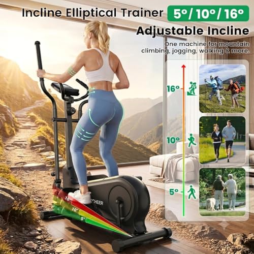 ANCHEER Elliptical Exercise Machine for Home, Foldable Magnetic Elliptical Trainer with 16" Stride, 16 Resistance Levels, Adjustable Pedals, LCD Monitor & Pulse Sensor, 550 LBS Weight Capacity - color: Black