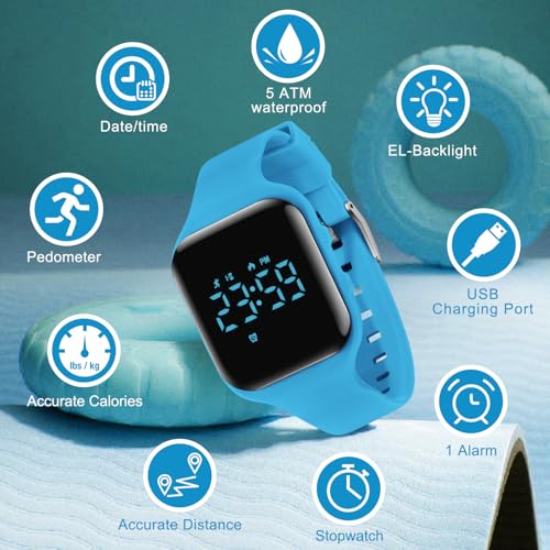 Kids Watches for Girls Boys Digital Sport Watch with Step Counter Pedometer Vibration Alarm Clock, No App Waterproof Fitness Tracker Kids Watch Boys Girls Teens Students Ages 5-16 - color: 003-E-LightBlue